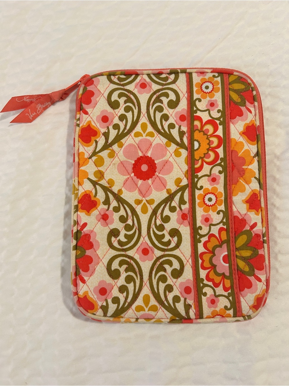 Vera Bradley Pink Coral Olive Floral Quilted Zip Pouch